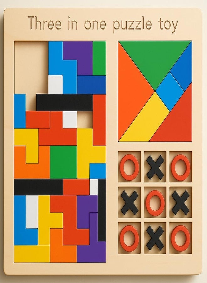 ORBITORA Wooden Children's Educational Colorful Square Tangram Game Chess Xo Tic-Tac-Toe Nine-Square Three-in-One Puzzle Game Building Blocks Early Education Toy - Image 1